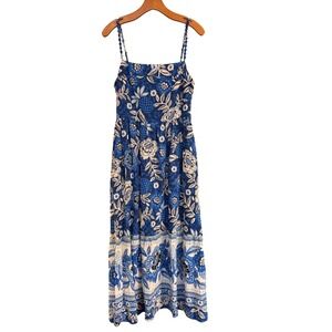 Anthropologie Blue Floral Smocked Back Midi Dress Pockets Rachel Zoe Boho